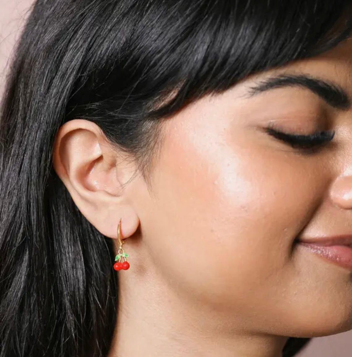 Red Cherry Charm Huggie Hoop Enamel Earrings