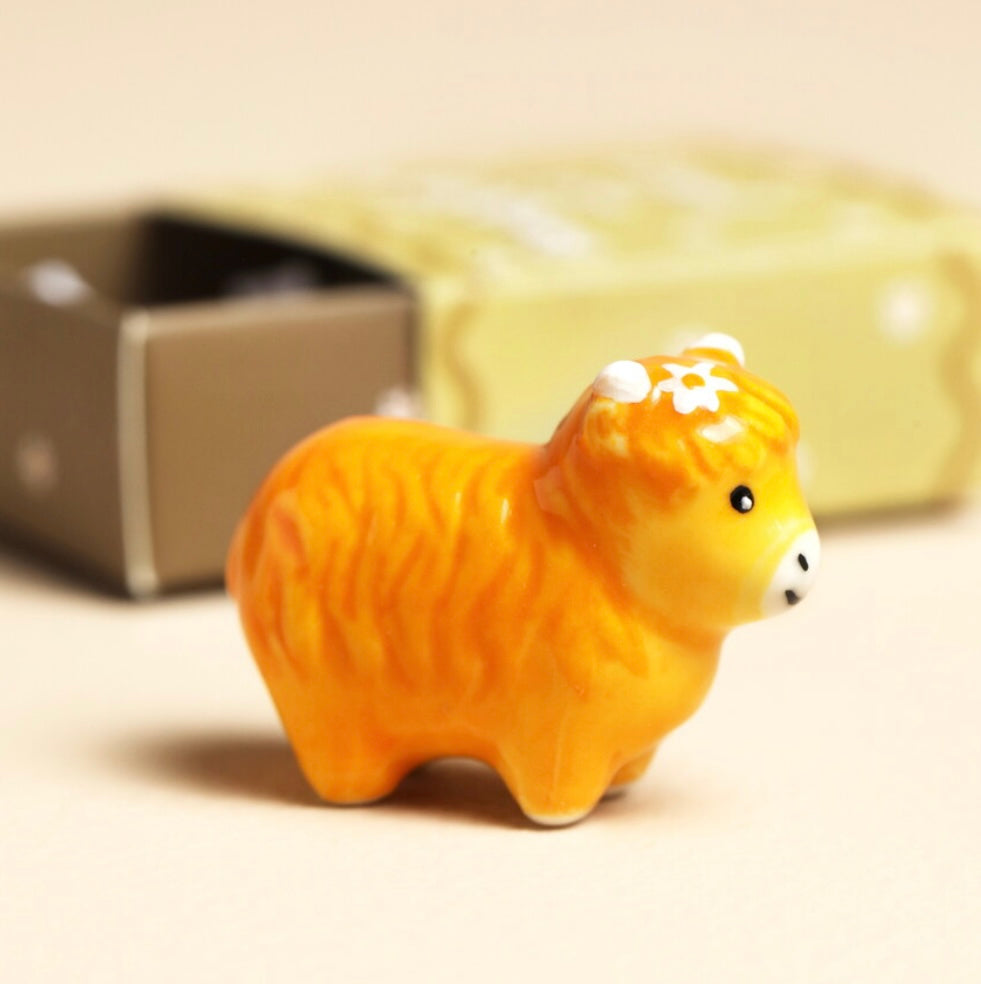 Tiny Matchbox Ceramic Highland Cow Token