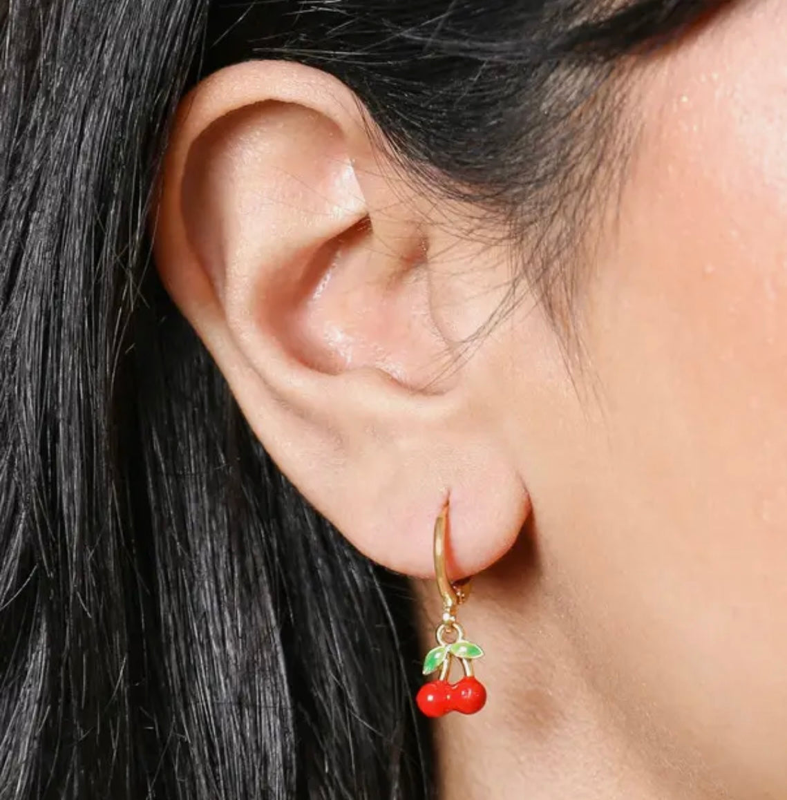 Red Cherry Charm Huggie Hoop Enamel Earrings