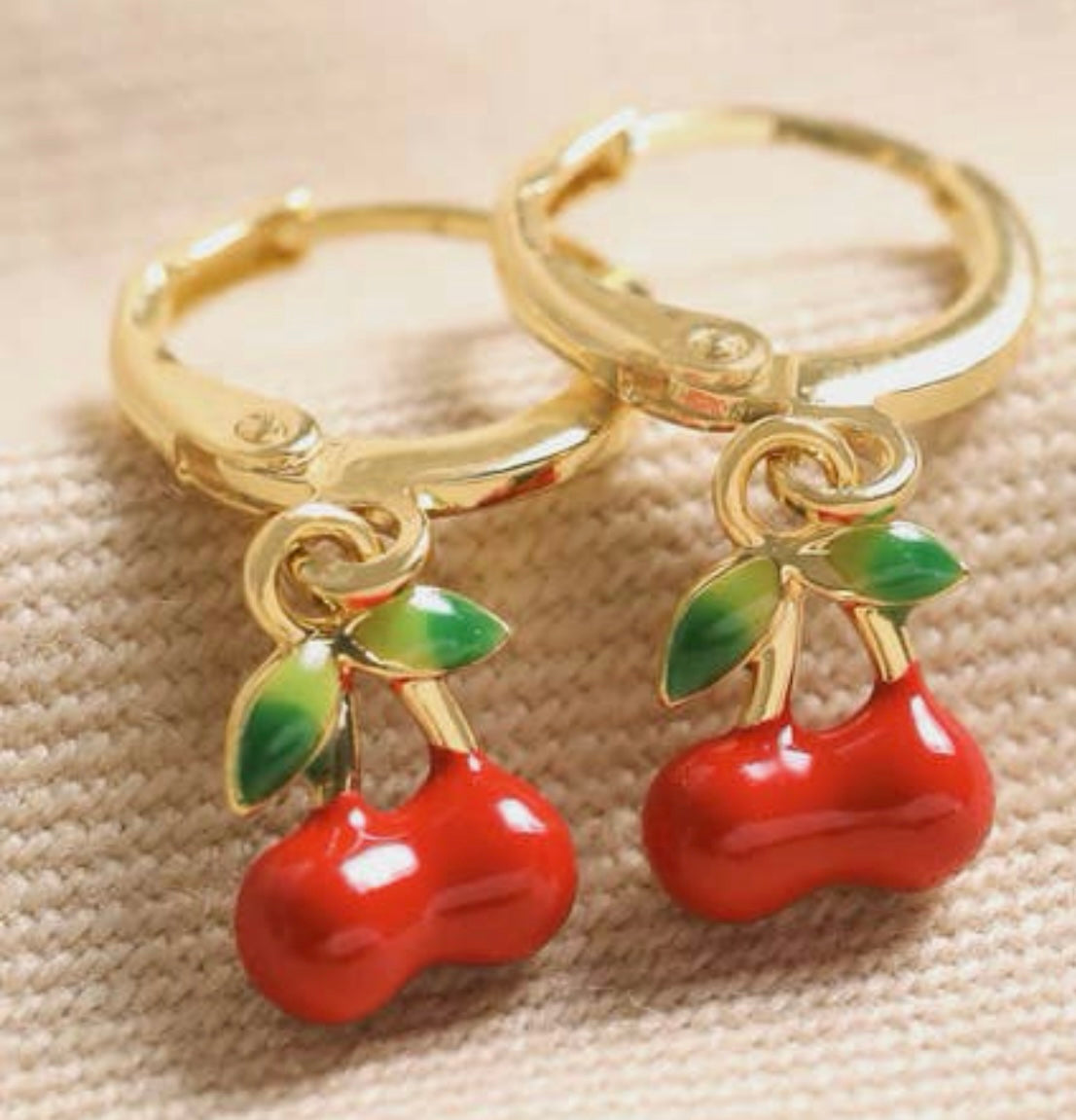 Red Cherry Charm Huggie Hoop Enamel Earrings
