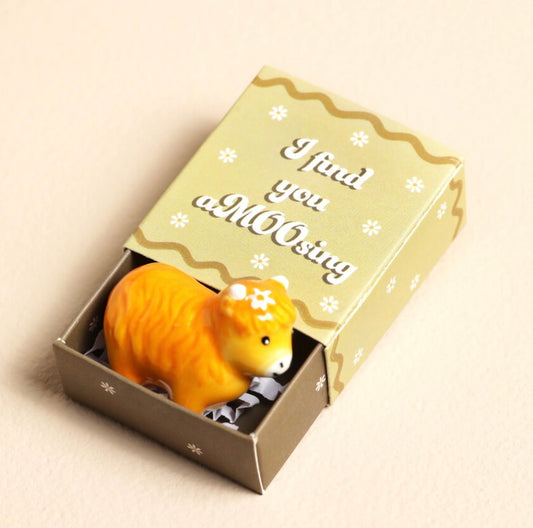 Tiny Matchbox Ceramic Highland Cow Token